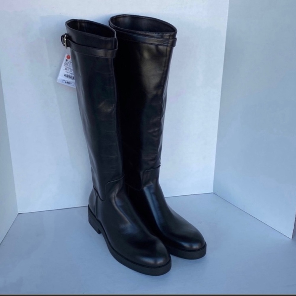 ZARA Black Block Heel Knee Boots - Picture 6 of 9